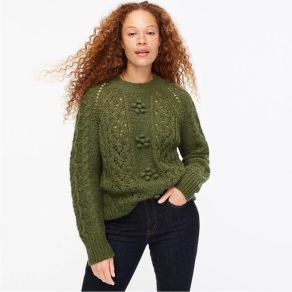 J. Crew Sweaters - J. Crew Cable Knit Pointelle Alpaca Wool Blend Sweater Popcorn Flowers Green